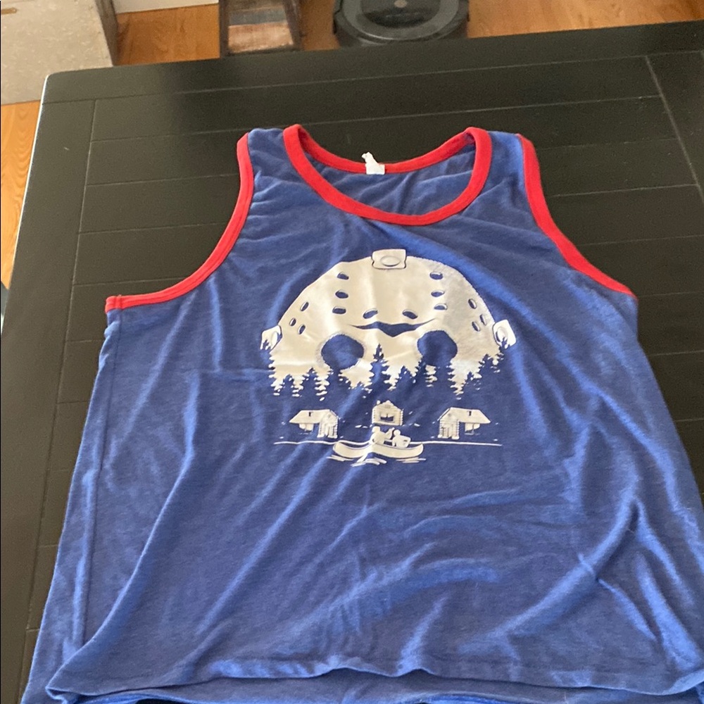 Jason mask vintage tank top, men’s XL, blue with red piping